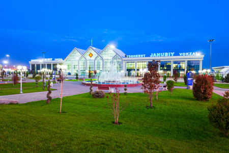Tashkent, Uzbekistan - April 12, 2021: Yuzhny Vokzal is the main passenger railway station in Tashkent city, Uzbekistan at nightのeditorial素材