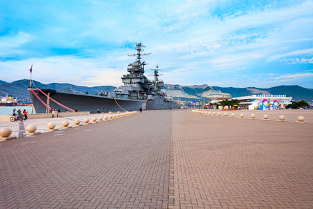 Novorossiysk, Russia - October 02, 2020: Soviet cruiser museum Mikhail Kutuzov in Novorossiysk city port on the Black Sea in Krasnodar Krai, Russiaのeditorial素材