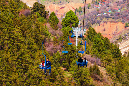 Chimgan, Uzbekistan - April 12, 2021: Cable Car to the Beldersay Mountain in Chimgan region near Taskent city in Uzbekistan in springのeditorial素材