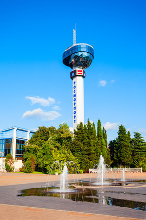 Tuapse, Russia - October 03, 2020: Rosmorport control tower centre of Tuapse sea port at central square of Tuapse resort town located on the Black Sea shore in Russiaのeditorial素材