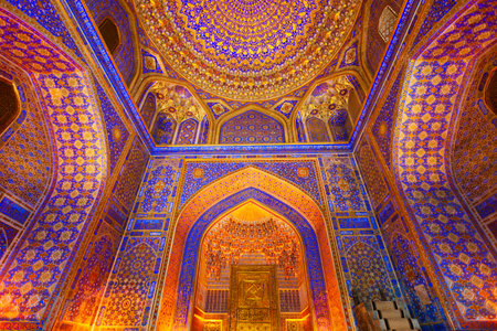 Samarkand, Uzbekistan - April 18, 2021: Registan Tilya Kori Madrasah mosaic pattern design background of ceramic tiles in Samarkand city, Uzbekistanのeditorial素材
