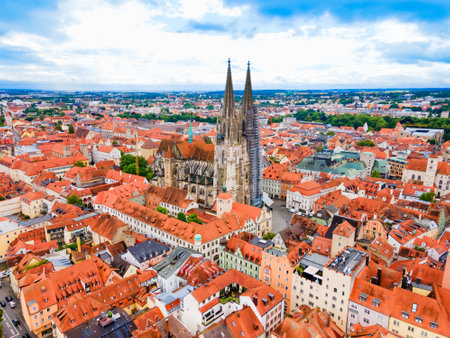 Regensburg Cathedral or Saint Peter Church aerial panoramic view. Regensburg is a city at Danube...