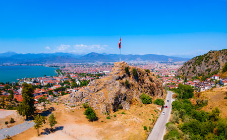 Fethiye Castle ruins aerial panoramic view. Fethiye is a city in Mugla Province, Turkey.の写真素材