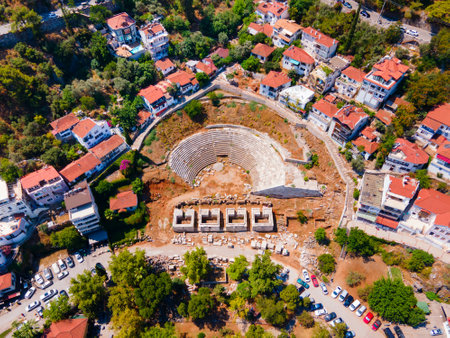 Fethiye ancient theatre aerial panoramic view. Fethiye is a city in Mugla Province, Turkey.の写真素材