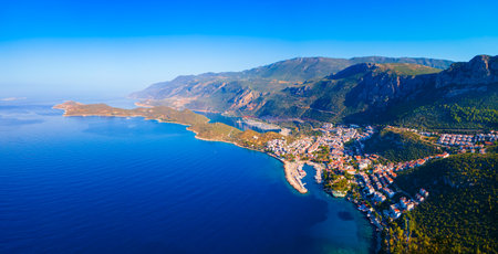 Kas city aerial panoramic view. Kas or Kash is a small seaside resort town in Antalya Province in Turkey.の写真素材