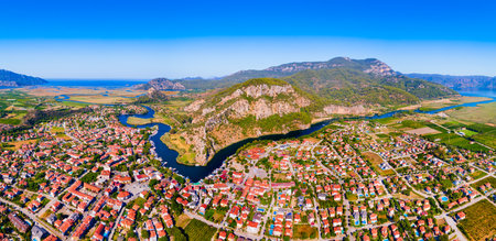 Dalyan town and river aerial panoramic view. Dalyan is a town in Mugla Province in Turkey.の写真素材