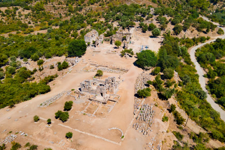 Kaunos ancient city aerial panoramic view. Kaunos is located near Dalyan town in Mugla Province, Turkey.の写真素材