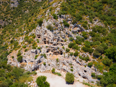 Myra ancient city ruins with rock cut tombs aerial panoramic view. Myra is located in Demre city in Antalya province of Turkey.の写真素材