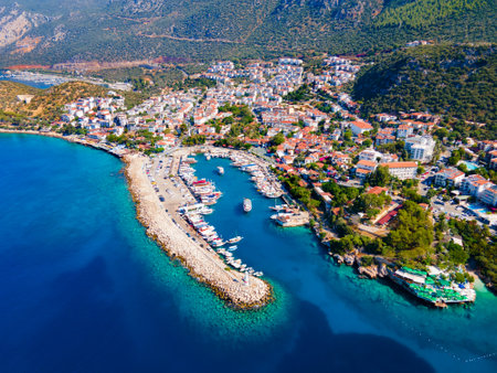 Kas city port or marina aerial panoramic view. Kas or Kash is a small seaside resort town in Antalya Province in Turkey.の写真素材