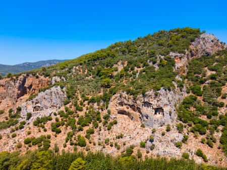 Kaunos Rock Tombs of the Kings at the Kaunos ancient city aerial panoramic view. Caunos is located near Dalyan town in Mugla Province, Turkey.の写真素材