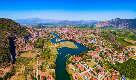 Dalyan aerial panoramic view. Dalyan is a town in Mugla Province, Turkey.の写真素材