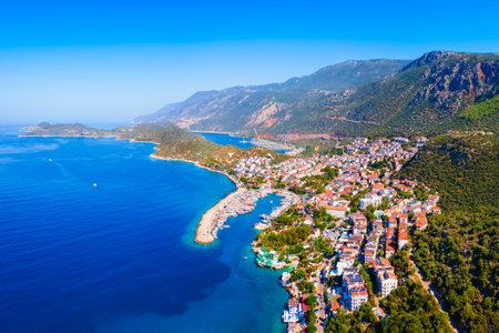 Kas city port or marina aerial panoramic view. Kas or Kash is a small seaside resort town in Antalya Province in Turkey.の写真素材