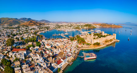The Bodrum Castle of St. Peter and marina aerial panoramic view in Bodrum city. Bodrum is a city in Mugla Province, Turkey.の写真素材