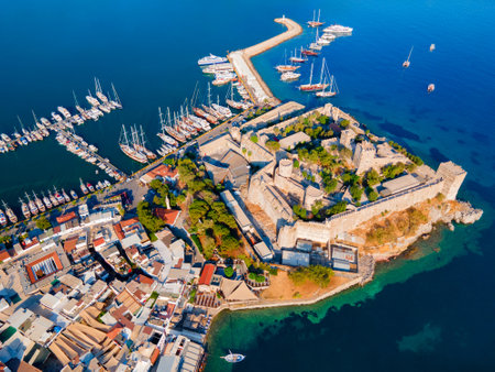 The Bodrum Castle of St. Peter and marina aerial panoramic view in Bodrum city. Bodrum is a city in Mugla Province, Turkey.の写真素材