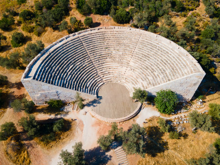 The ancient Greek theatre aerial panoramic view at the Antiphellus or Antiphellos Ancient City in modern Kas or Kash town in Antalya Province in Turkeyの写真素材