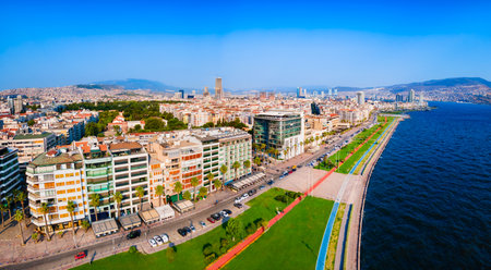 Izmir Kordon park aerial panoramic view. Izmir is a metropolitan city on the west coast of Anatolia and capital of Izmir Province in Turkey.の写真素材