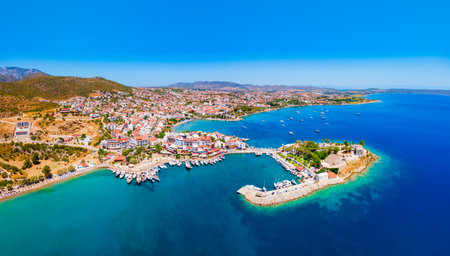 Datca city beach and marina aerial panoramic view. Datca is a resort town near Marmaris city in Mugla Province, Turkey.の写真素材
