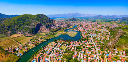 Boats at Dalyan river aerial panoramic view. Dalyan is a town in Mugla Province, Turkey.の写真素材