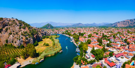 Boats at Dalyan river aerial panoramic view. Dalyan is a town in Mugla Province, Turkey.の写真素材