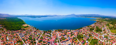 Koycegiz town and Koycegiz lake aerial panoramic view in Mugla Province in Turkeyの写真素材