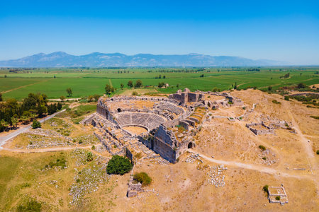 Theatre of Miletus aerial panoramic view. Miletus was an ancient Greek city and now located near the Didim modern city in Turkey.の写真素材