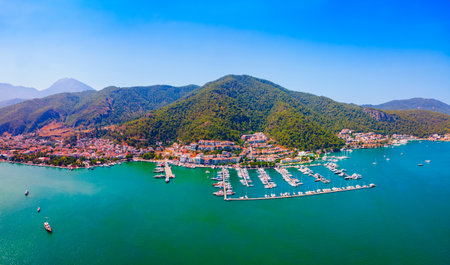Fethiye port aerial panoramic view. Fethiye is a city in Mugla Province, Turkey.の写真素材