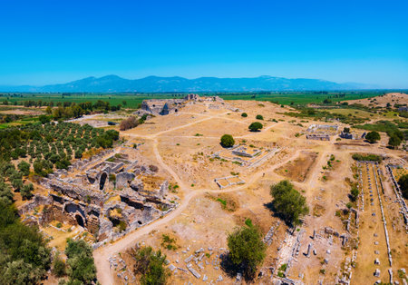 Miletus Archaeological Site aerial panoramic view. Miletus was an ancient Greek city and now located near the Didim modern city in Turkey.の写真素材