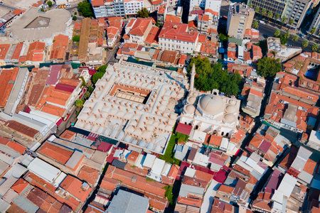 Hisar Mosque aerial panoramic view. Hisar Mosque or Hisar Camii is a historical Mosque in Izmir city in Turkey.の写真素材