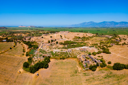 Miletus Archaeological Site aerial panoramic view. Miletus was an ancient Greek city and now located near the Didim modern city in Turkey.の写真素材