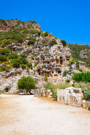 Myra ancient city ruins with rock cut tombs. Myra is located in Demre city in Antalya province of Turkey.の写真素材