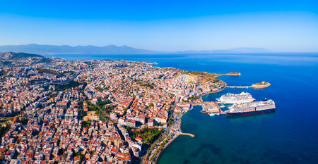 Kusadasi city and port aerial panoramic view. Kusadasi is located in Aydin Province, Turkey.の写真素材