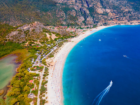 Oludeniz beach aerial panoramic view. Oludeniz or Blue Lagoon is a beach resort in the Fethiye district of Mugla Province, Turkey.の写真素材