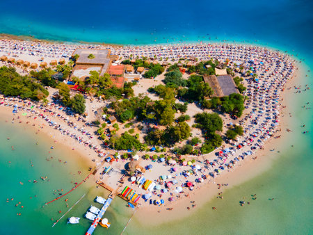 Blue Lagoon and Oludeniz beach aerial panoramic view. Oludeniz is a beach resort in the Fethiye district of Mugla Province, Turkey.の写真素材