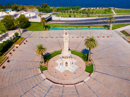 Izmir Clock Tower aerial panoramic view. It is a historic clock tower located at the Konak Square in Izmir city in Turkey.の写真素材