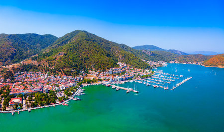 Fethiye port aerial panoramic view. Fethiye is a city in Mugla Province, Turkey.の写真素材