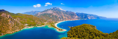 Blue Lagoon and Oludeniz beach aerial panoramic view. Oludeniz is a beach resort in the Fethiye district of Mugla Province, Turkey.の写真素材
