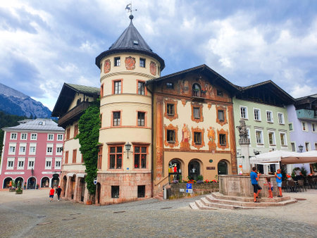 Konigssee, Germany - June 29, 2021: Marktbrunnen fountain at the Marktplatz main square in Berchtesgaden town in Bavaria, Germanyのeditorial素材