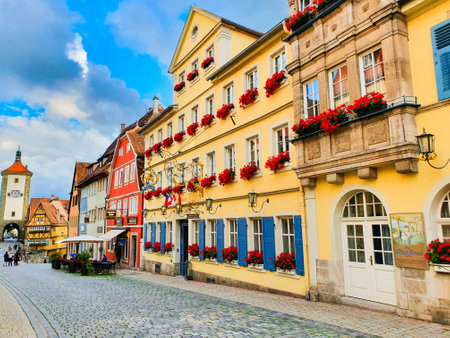Rothenburg ob der Tauber, Germany - July 11, 2021: Hotel Goldener Hirsch in Rothenburg ob der Tauber old town. Rothenburg Tauber is a city in the region of Bavaria, Germany.のeditorial素材