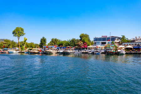 Dalyan, Turkey - July 17, 2022: Boats at Dalyan river in Dalyan town in Mugla Province, Turkeyのeditorial素材