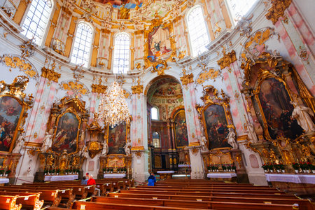Ettal, Germany - July 03, 2021: Ettal Abbey interior, it is a Benedictine monastery in the village of Ettal close to Oberammergau and Garmisch-Partenkirchen town in Bavaria, Germanyのeditorial素材