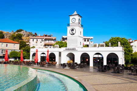 Marmaris, Turkey - July 23, 2022: Clock Tower and Fountain at the central square of Marmaris city. Marmaris is a city in Mugla Province, Turkey.のeditorial素材