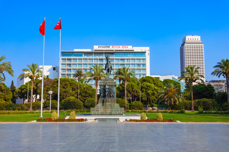 Izmir, Turkey - August 06, 2022: Ataturk monument at the Cumhuriyet Square. Cumhuriyet Meydani meaning Republic Square is the main square of Izmir city in Turkey.のeditorial素材