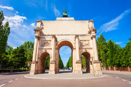 Munich, Germany - July 06, 2021: The Siegestor or Victory Gate in Munich is a memorial arch, crowned with a statue of Bavaria with a lion quadrigaのeditorial素材