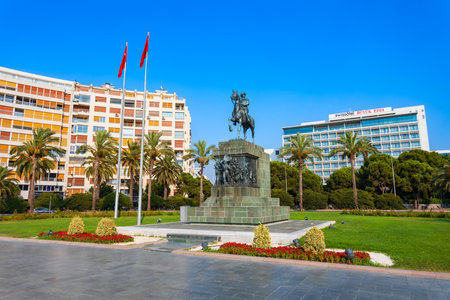 Izmir, Turkey - August 06, 2022: Ataturk monument at the Cumhuriyet Square. Cumhuriyet Meydani meaning Republic Square is the main square of Izmir city in Turkey.のeditorial素材