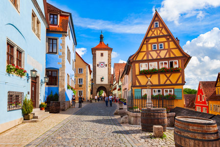 Rothenburg ob der Tauber, Germany - July 11, 2021: Plonlein square and Siebersturm Tower in Rothenburg ob der Tauber old town. Rothenburg Tauber is a city in Bavaria, Germany.のeditorial素材