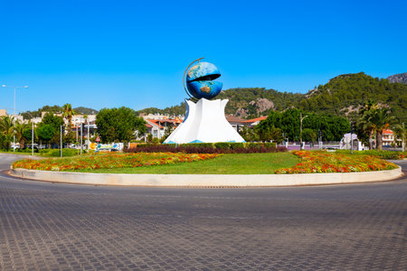 Marmaris, Turkey - July 23, 2022: Pearl inside globe monument at the square of Marmaris city. Marmaris is a city in Mugla Province, Turkey.のeditorial素材