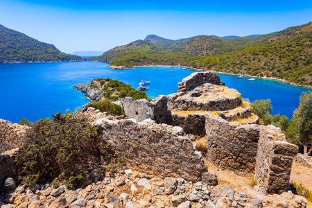 Greek church byzantine ruins at Gemiler or St. Nicholas Island near Oludeniz town in district of Fethiye in Turkeyの写真素材