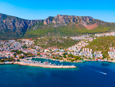 Kas city port or marina aerial panoramic view. Kas or Kash is a small seaside resort town in Antalya Province in Turkey.の写真素材