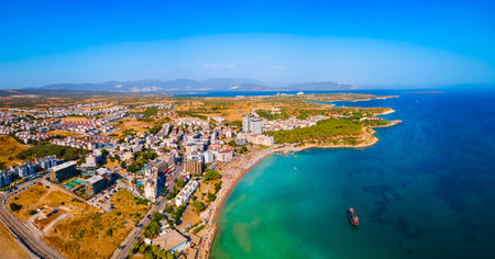 Didim city beach aerial panoramic view. Didim is a town in Aydin Province in Turkey.の写真素材