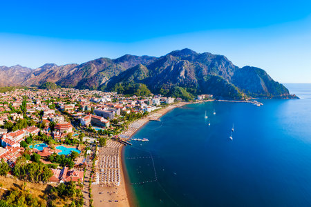 Icmeler city beach aerial panoramic view. Icmeler is a town near Marmaris city in Mugla Province, Turkey.の写真素材